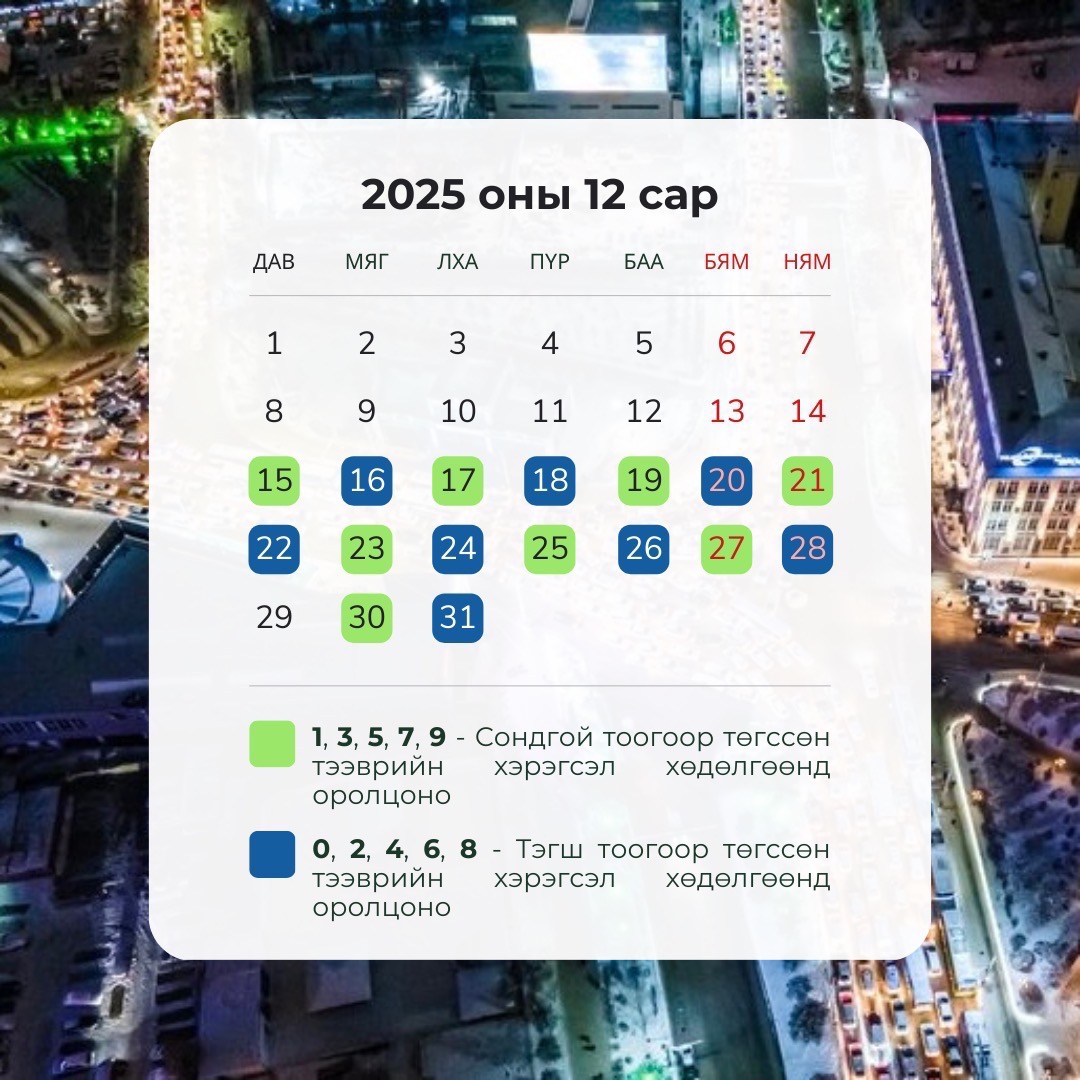 Энэ сарын 31-ний 20:00 цаг хүртэл бүсчлэл хамаарахгүйгээр тэгш, сондгойгоор зорчино 